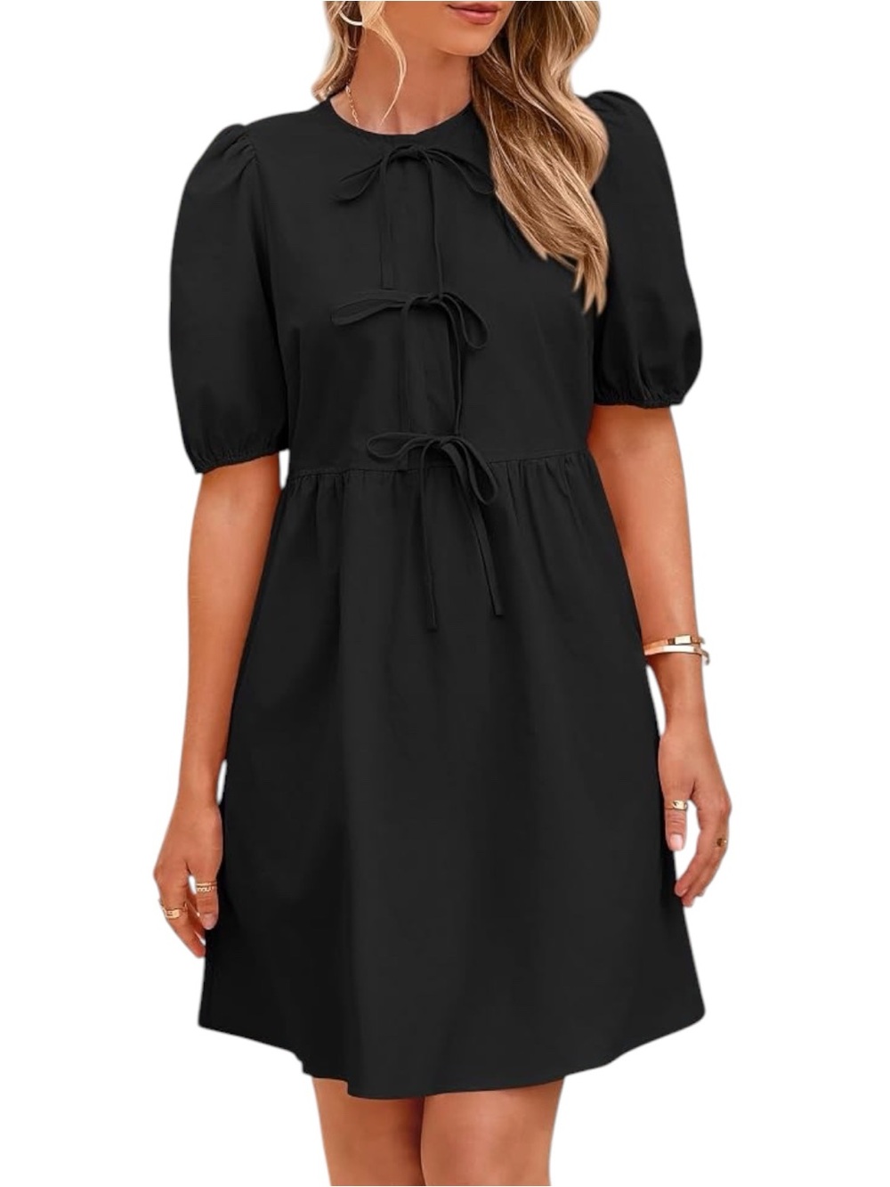 Pretty Garden Sz MEDIUM Black Bow Front Puff Sleeve Babydoll Dress